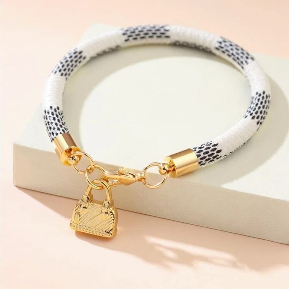 Designer Inspired Braided Checkered Cord Bracelet Gold Charm